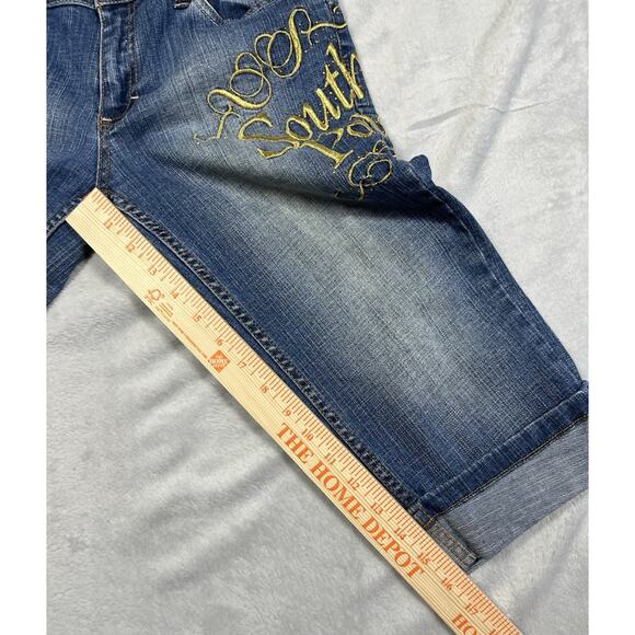 South Pole Cropped Jeans 7 Stretch Gold Logo Metallic Embroidery Inseam Y2K VTG - Picture 12 of 16